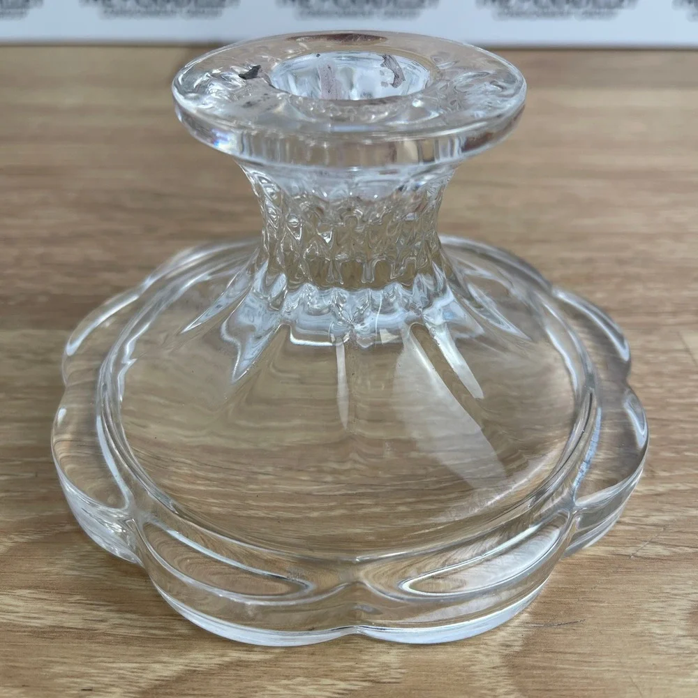 Vintage Clear Pressed Glass Scalloped Petal Taper Candlestick Holders Pair 3in